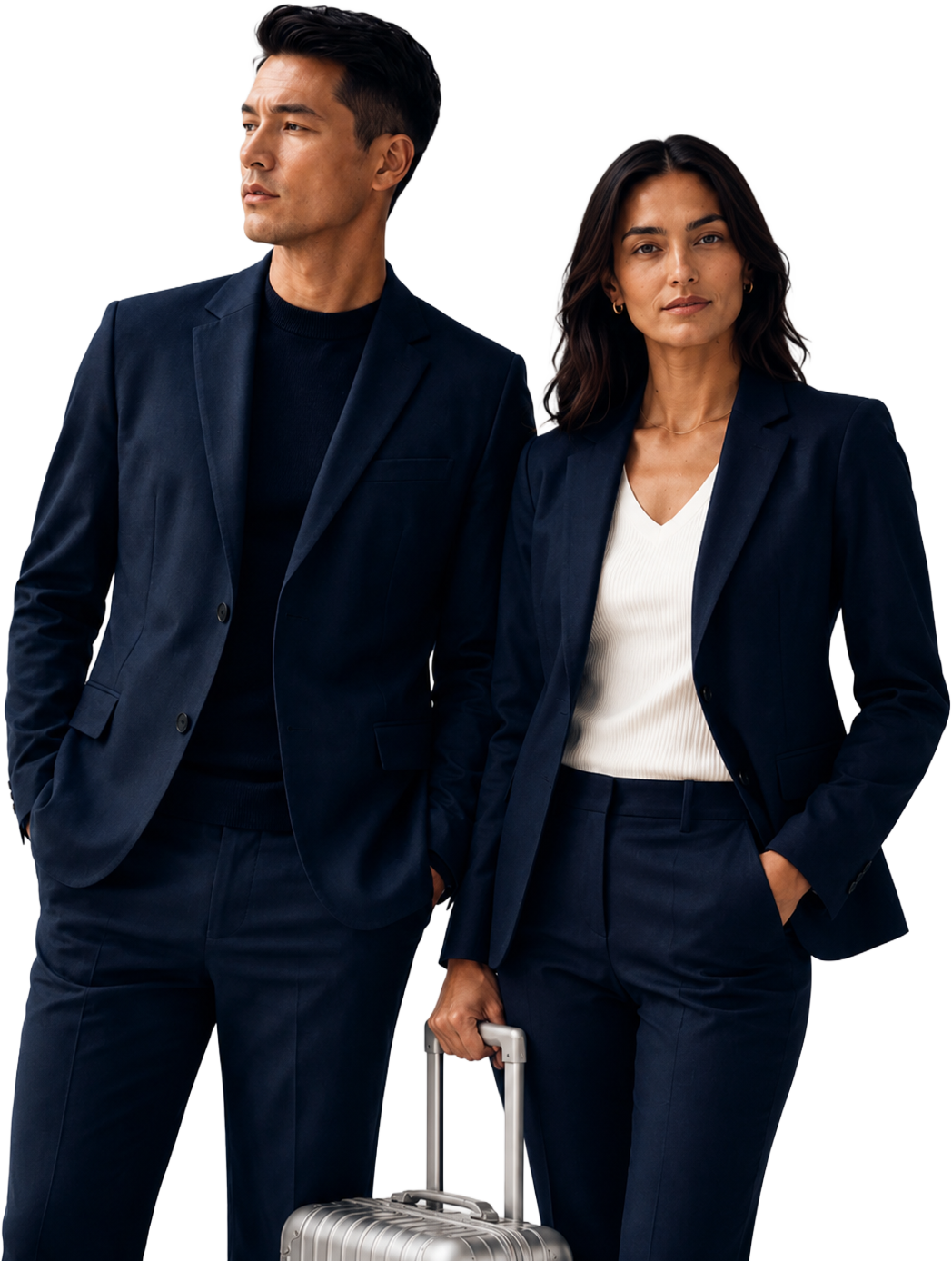 Man and woman in navy technical suits