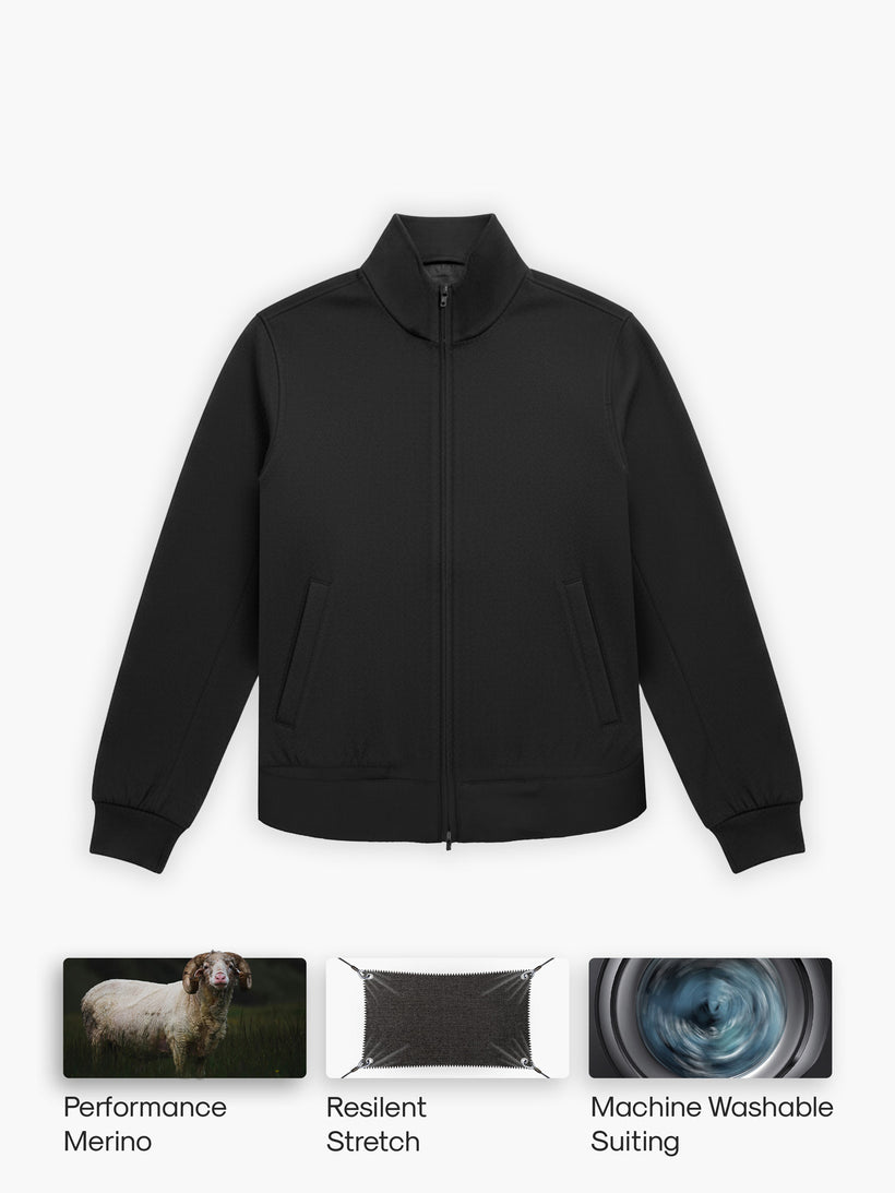Men's Velocity Merino Harrington Jacket in Black, front view