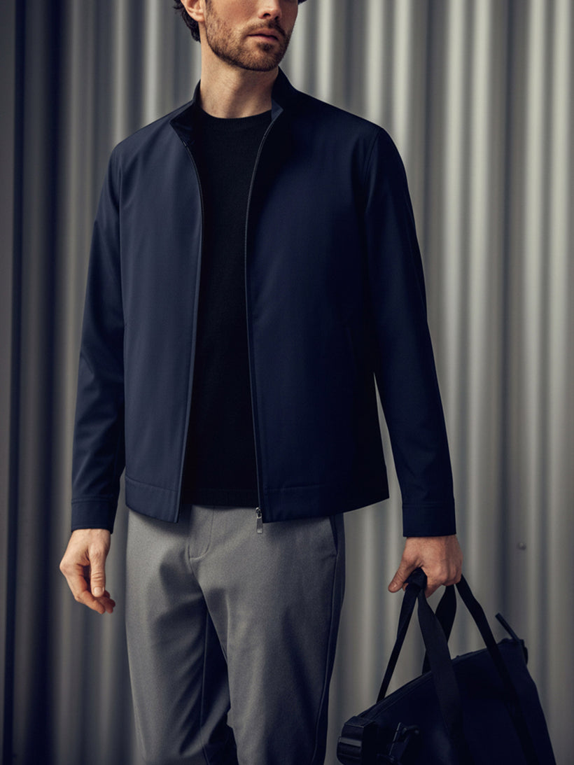 Men's Velocity Merino Harrington Jacket in Navy, lifestyle shot
