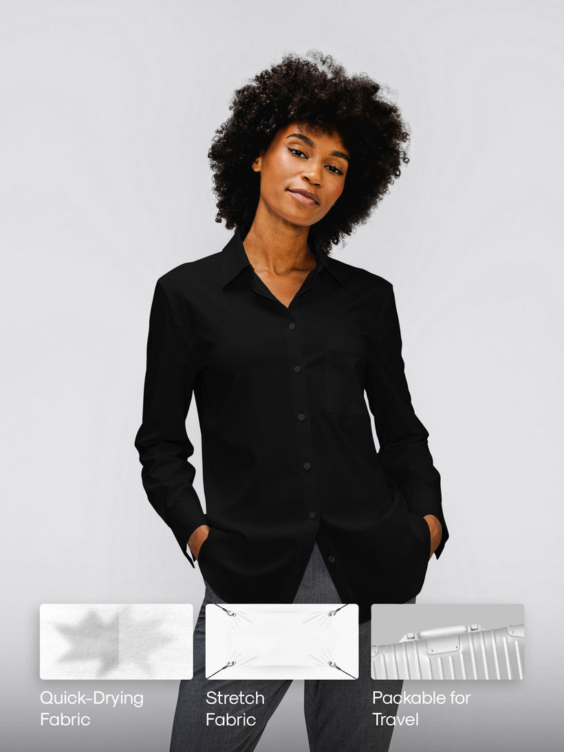 Women's AeroZero° Poplin Relaxed Shirt in Jet Black, worn on model