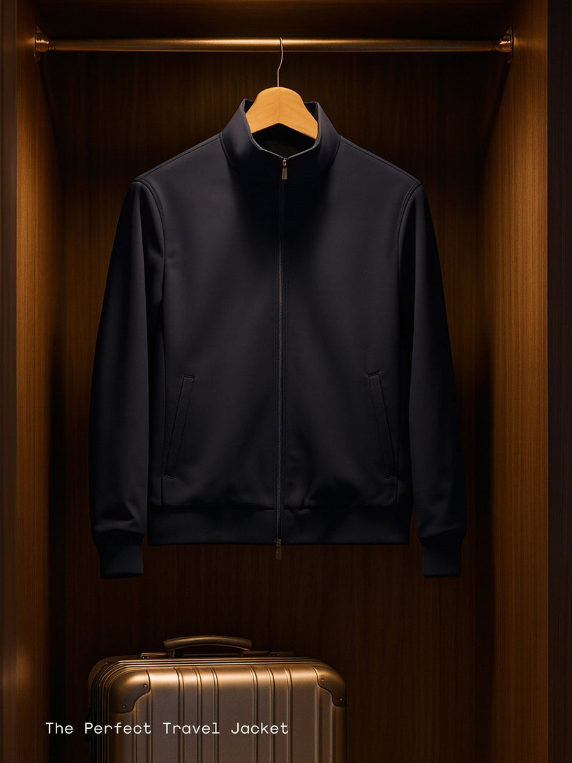 Men's Velocity Merino Harrington Jacket in Navy, PP  AR Travel Lux feature callout